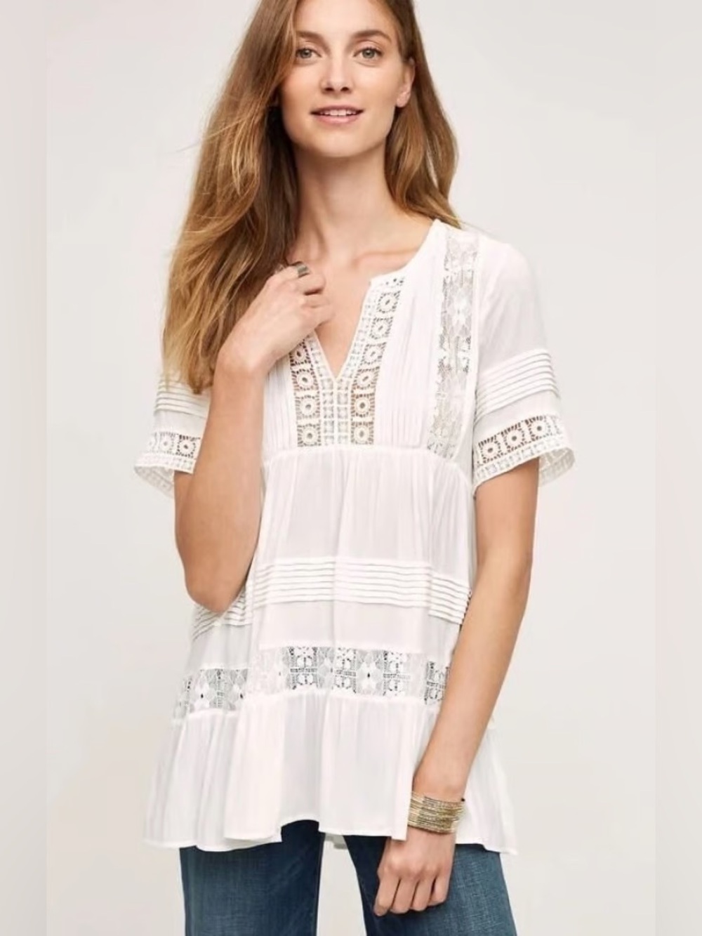 Maeve Anthropologie White Lace Babydoll Tunic Top Size Small Boho Cottagecore